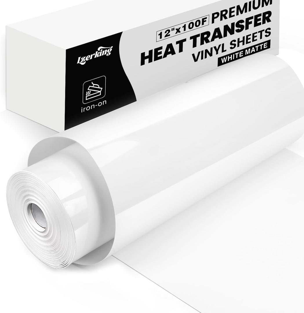 Lzerking Heat Transfer Vinyl White Htv Matte-12 x100ft Iron On Vinyl Roll for Cricut/Cameo Bundle, DIY Shirts, Bags, Socks, Shoes, Pillow and Other Frabic - Easy to Cut & Weed