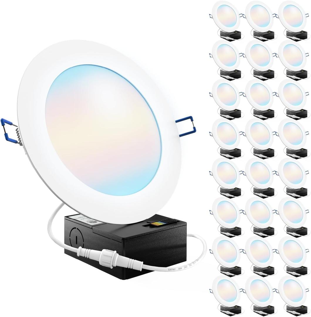 Sunco 24 Pack 6 Inch LED Recessed Light, Canless Ceiling Lights Slim with Junction Box, 850 LM, 14W (100W Equivalent), Selectable CCT 2700K/3000K/4000K/5000K/6000K, Dimmable, Wafer Thin ETL (6 Inch, 5 CCT in One (2700K, 3000K, 4000K, 5000K, 6000K))