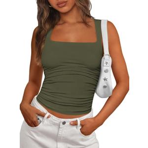 PRETTYGARDEN Tank Tops for Women 2026 Summer Sleeveless Square Neck Double Lined Tops Spring Ruched Going Out Y2K Clothes (Green, XXL)