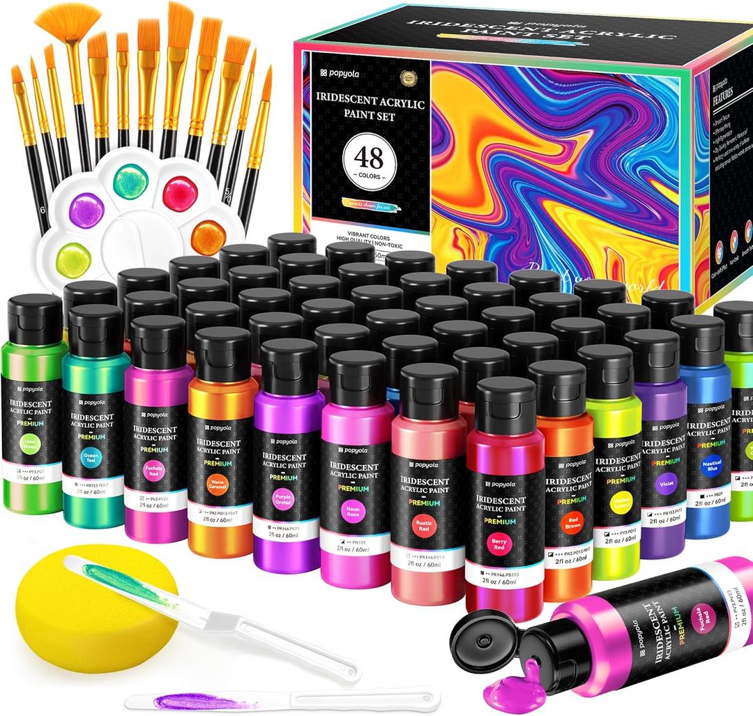 64 PCS Iridescent Acrylic Paint Set with 12 Brushes, 2 Knives & Palette, 48 Colors (2oz/60ml) Art Craft Paint for Adults Artists Beginners, Canvas Ceramic Rocks Wood Painting Kit Art Supplies