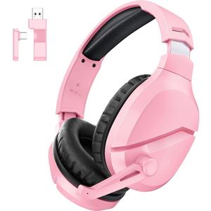 Wireless Gaming Headset with Noise Canceling Microphone for PS5, PC, PS4, 2.4G/Bluetooth Gaming Headphones with USB and Type-c Connector, Wired Mode for Controller - Pink