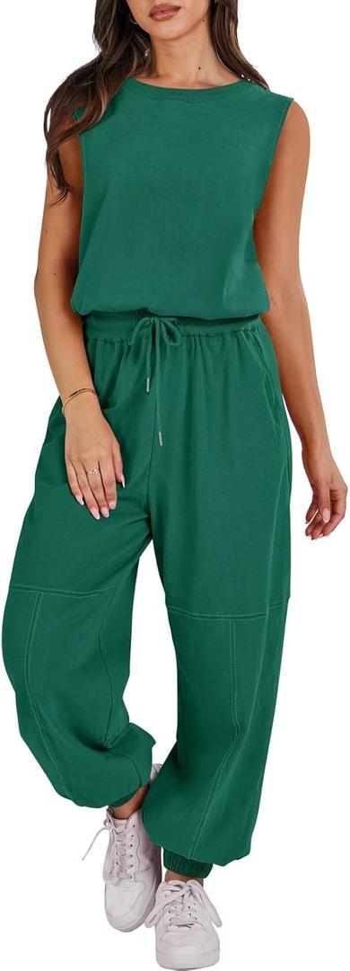 ANRABESS Jumpsuits for Women Casual Summer Sleeveless 2025 Romper One Piece Outfit Active Workout Lounge Jumpsuits Pockets (Large, Green)