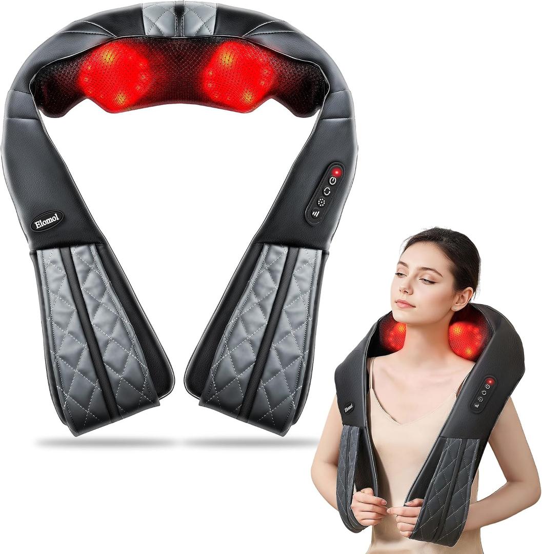 Elomol Neck Shoulder Massager with Heat - Rechargeable Back and Neck Massage Pain Relief Deep 5D Tissue Shiatsu Kneading Massager for Shoulder Back Leg Gifts for Mom Dad Men Women Her Him