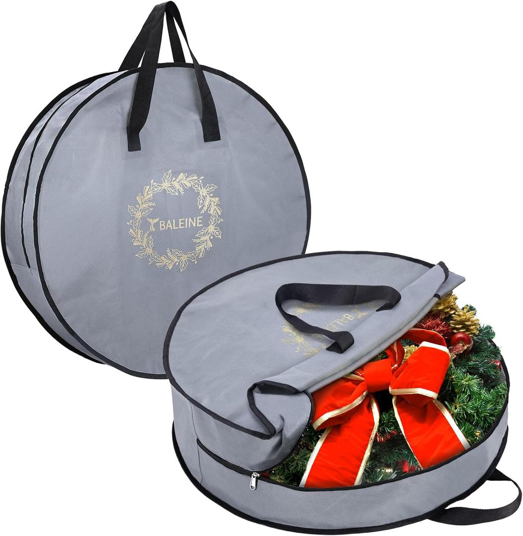 BALEINE 2 Pack Wreath Storage Container, Christmas Wreath Storage Bag with Reinforced Handle for Holiday Xmas (Grey, 24"X8"), 24"*8"-2PK
