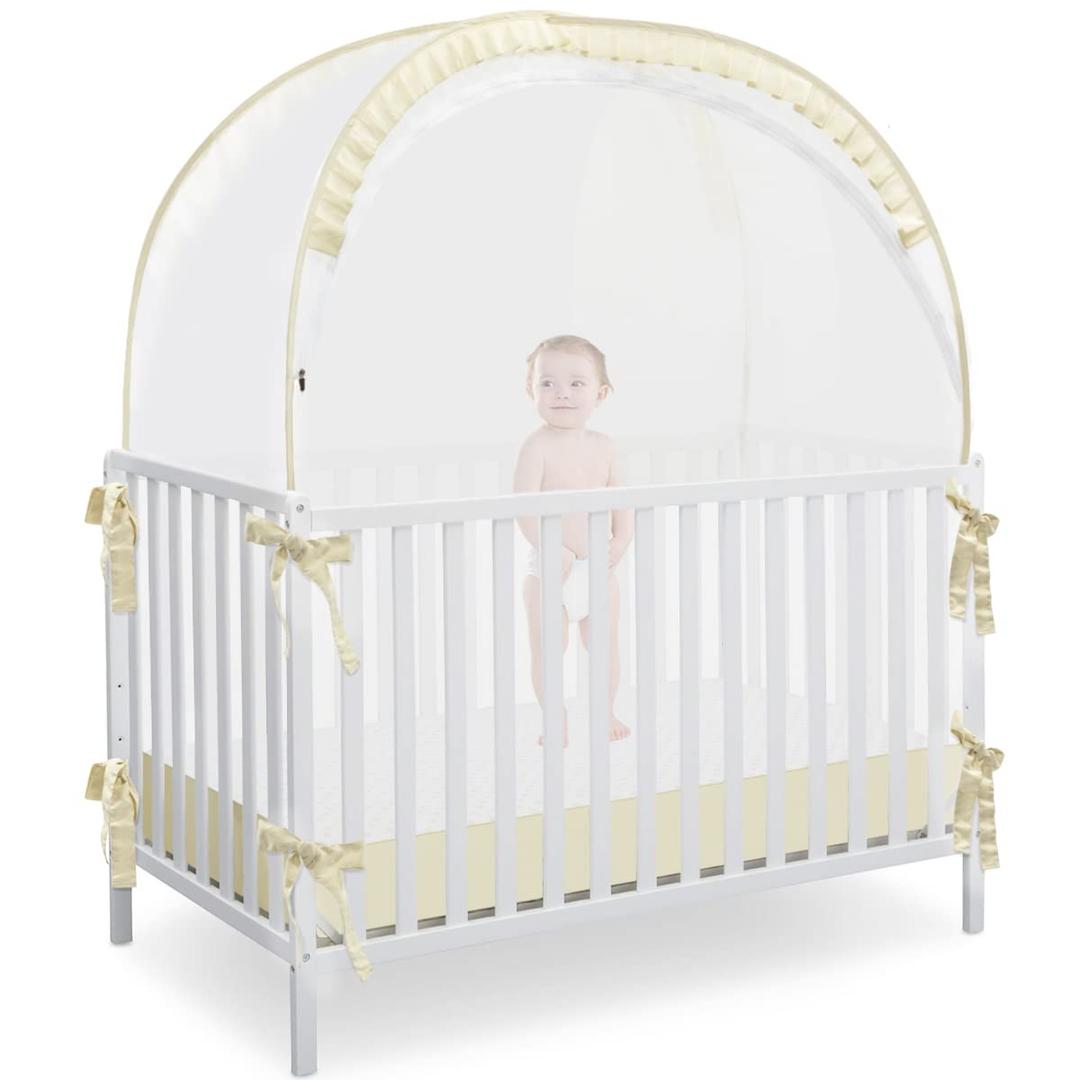 Baby Safety Crib Tent, Pop Up Canopy for Crib to Stop Baby from Climbing Out, Infant Mesh Cover Mosquito Net with Sturdy Frame & Soft Mesh, Beige, (R07-beige)