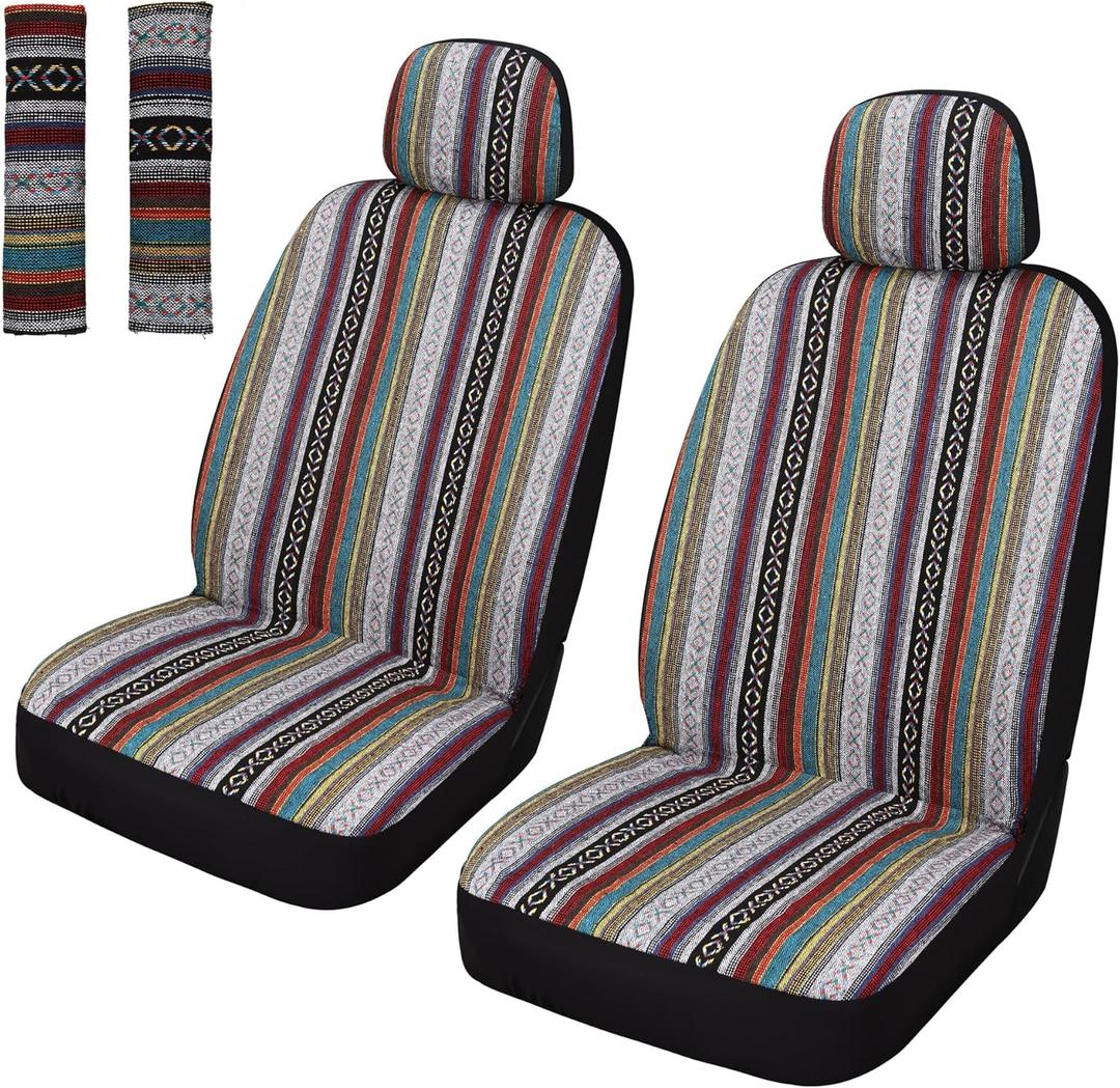 Pariitadin Baja Saddle Blanket Car Seat Covers Front Set with Seat Belt Pads, Washable Breathable Striped Woven Cloth Seat Covers for Cars, Universal Fit Most Cars, Airbag Compatible, Red