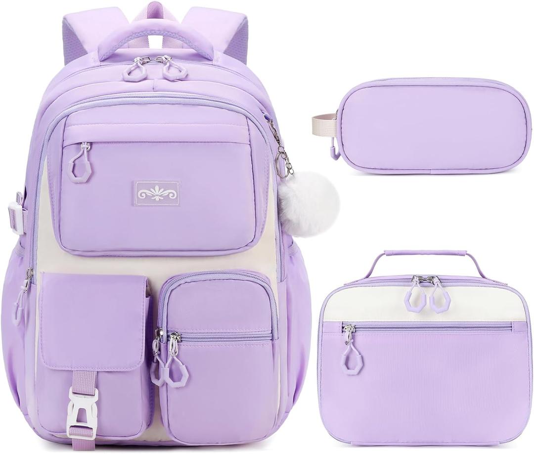 Scothen Backpack for Girls  Girls Backpack with Lunch Box & Pencil Pouch for Teen Kids, Laptop Backpack for Women, School Backpacks for Girl Elementary Middle High School Bookbag Daypack (Purple)