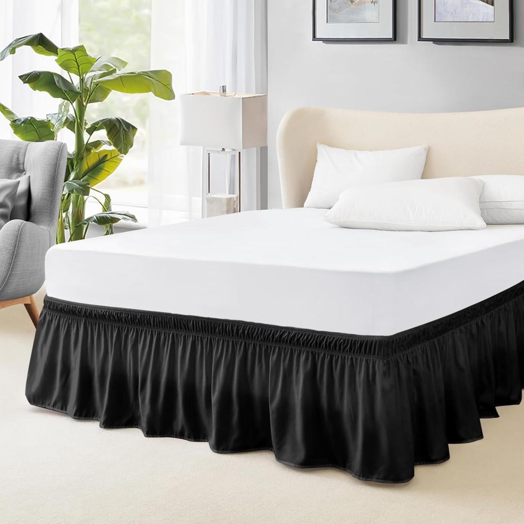 FreshCulture Twin Bed Skirt, Elastic Wrap Around Bed Skirt Twin Bed, Easy Fit with 15-Inch Tailored Drop, Hotel Quality Bed Skirts for Adjustable Bed (Black)