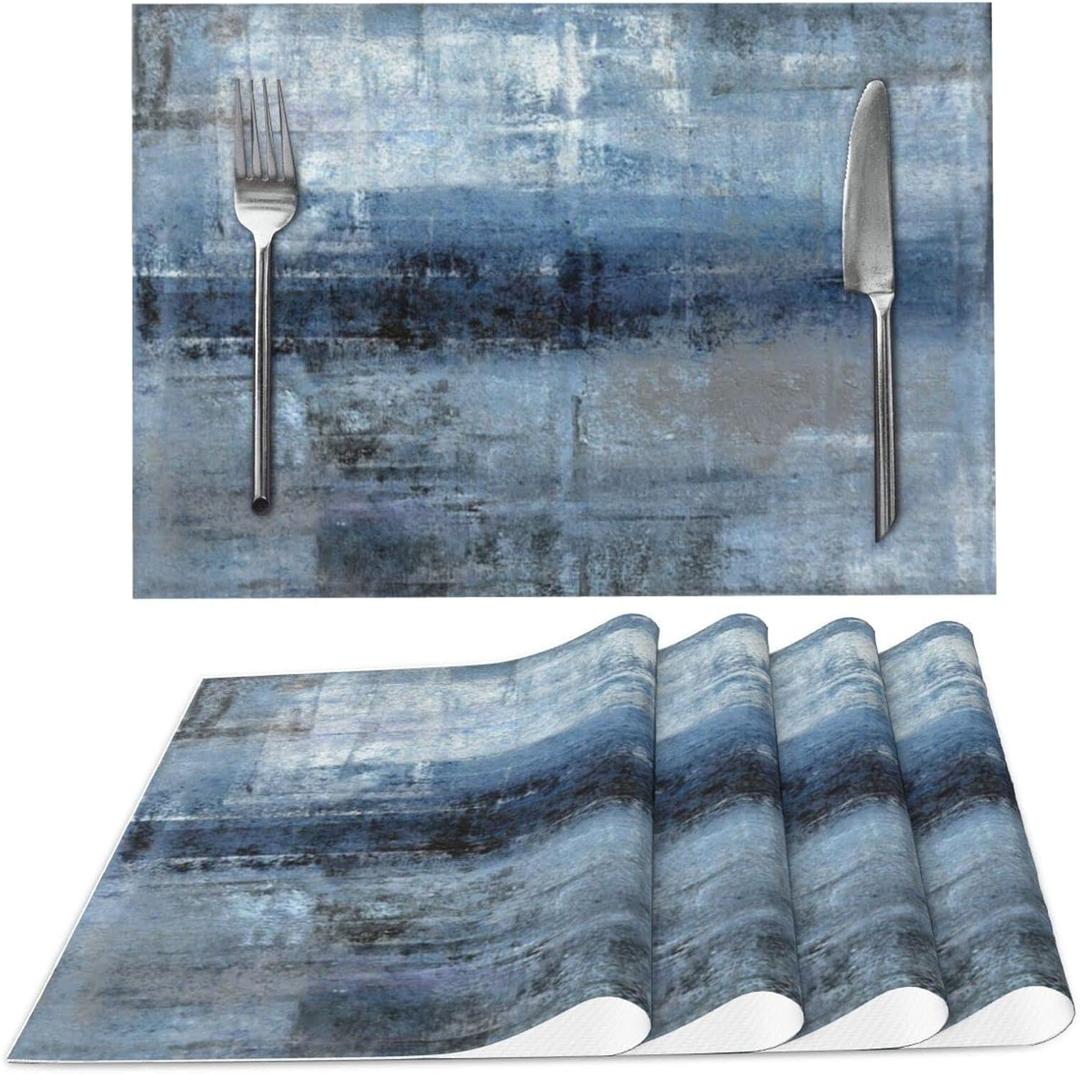 Blue and Grey Abstract Art Placemats Set of 4 for Dining Table PVC Wipeable Place Mats Washable (Color2)