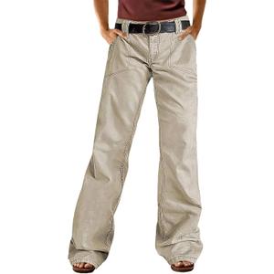 Flamingals Wide Leg Bootcut Cargo Pants for Women Casual Mid Waist Flap Pocket Seam Front Work Dress Pants Without Belt (Medium, Light Khaki)