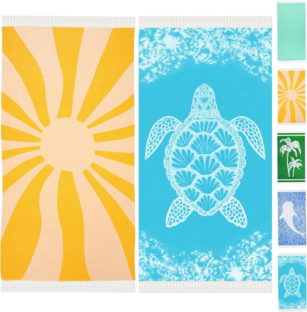 2 Packs Turkish Beach Towels Vacation Essentials Quick Dry Sand Free Soft Absorbent Adult Oversized Bath Pool Swim Long Lightweight Thin Fast Drying Over The Chair Towel Sand Sunshine and Turtle (72 x 36 inch)