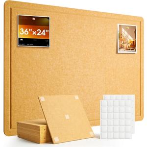 Bulletin Board, 36 x 24 inches Cork Board Alternative, 6 Pack Felt Pin Boards for Walls Home Office Decor, Classroom with 30 Adhesive Tabs Longan Yellow