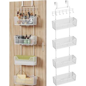 HapiRm Over Door Organizer Storage - Hanging Door Organizer with 4 Metal Large Capacity Baskets and Adjustable Coat Hook for Bathroom Bedroom Kitchen Pantry Closet Cabinet (White)