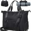 Gym Bag with Yoga Mat Holders, Carry On for Pilates Women & Men with Laptop & Shoe Compartment Large Duffle Travel Weekender Tote with Key Ring Clip Personal Item Workout, Easy to Clean - Black