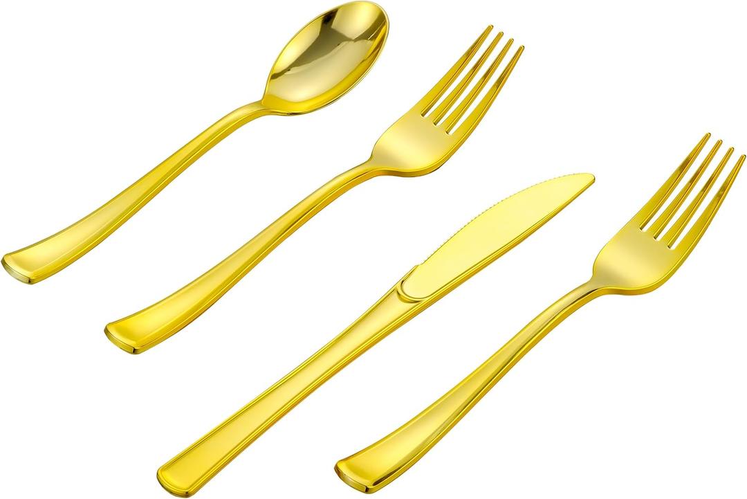 400PCS Gold Plastic Silverware, Gold Disposable Utensils, Heavy Duty Cutlery Set Includes 200 Forks,100 Knives,100 Spoons, Flatware for Party Wedding