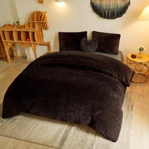 MEGO Luxury Shaggy Faux Fur Duvet Cover Set, Ultra Soft 3 Pieces Fluffy Comforter Cover Set, Fuzzy Bedding Set(1 Plush Furry Duvet Cover + 2 Pillow Shams), Zipper Closure(Queen, Dark Brown)