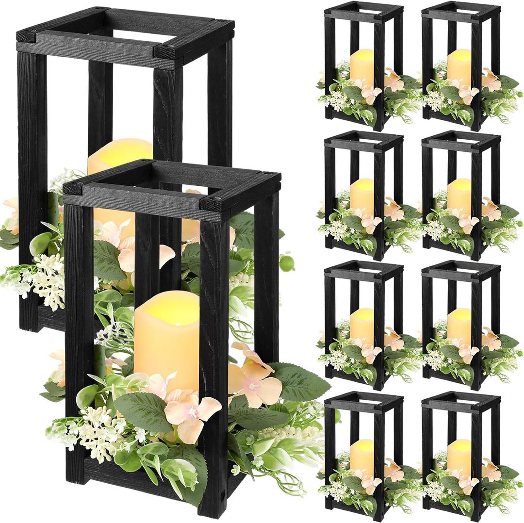Hushee 30 Pcs Wooden Wedding Lantern Centerpiece Integrated Holders with Candles and Wreaths Rustic Wooden Candle Lantern Decor for Wedding Party Table Valentine Decor (Black)