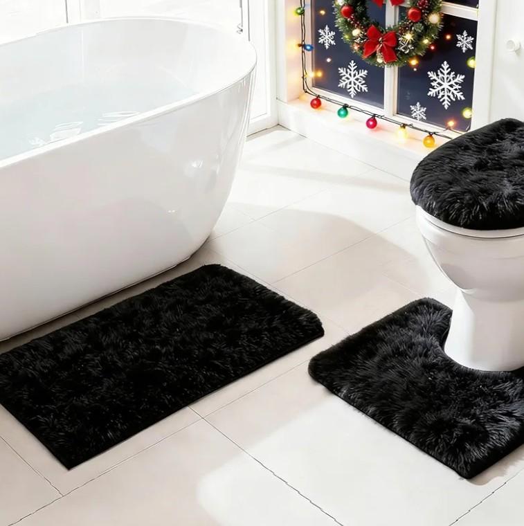 RUN HELIX Black Bathroom Rugs Sets 3 Piece Shaggy Bath Mat Non-Slip Mats Water Absorbent Bath Rug Floor Mats Soft Washable Shower Rug with U-Shaped Contour Rug Toilet Lid Cover Home Decor Accessories