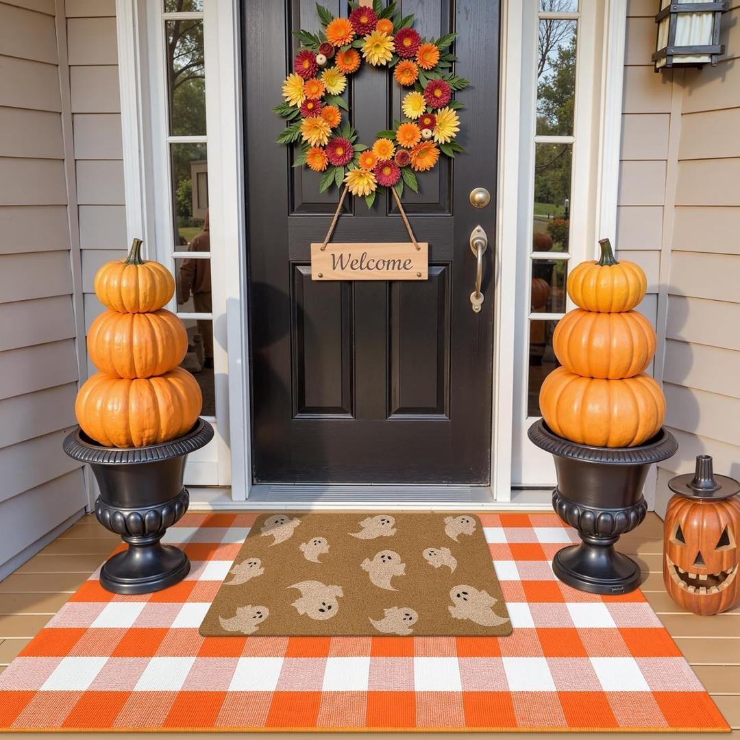 OJIA 2PCS Fall Door Mat Combo Set Halloween Doormat, 3'x5' Orange & White Buffalo Plaid Outdoor Rug and Polyester Welcome Mat Porch Decor Layered Doormat, Autumn Outdoor Door Mats Outside Entrance