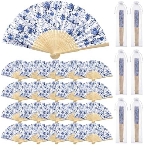 Roowest 50 Pcs Porcelain Chinoiserie Printed Hand Fan Favor Kit Folding Hand Fans Beautiful Retro Paper Fan with Organza Bag Summer Wedding Party Supplies Bridal Shower Gifts for Guests