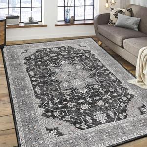 FlyDOIT Vintage Area Rugs for Living Room, 6x9 Grey Floral Medallion Washable Rug for Bedroom, Faux Wool Ultra Soft Retro Accent Rug, Non Slip Indoor Carpet for Kitchen Office Dining Room Decor