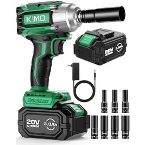 K I M O. Cordless Impact Wrench, Max Torque 406ft-lbs (550N.m) & 3000RPM, Premium Brake Stop, 1/2 lmpact Gun with 3000mAh Li-ion Battery, 7Drive lmpact Sockets, Fast Charger Impact Drill for Car Tires