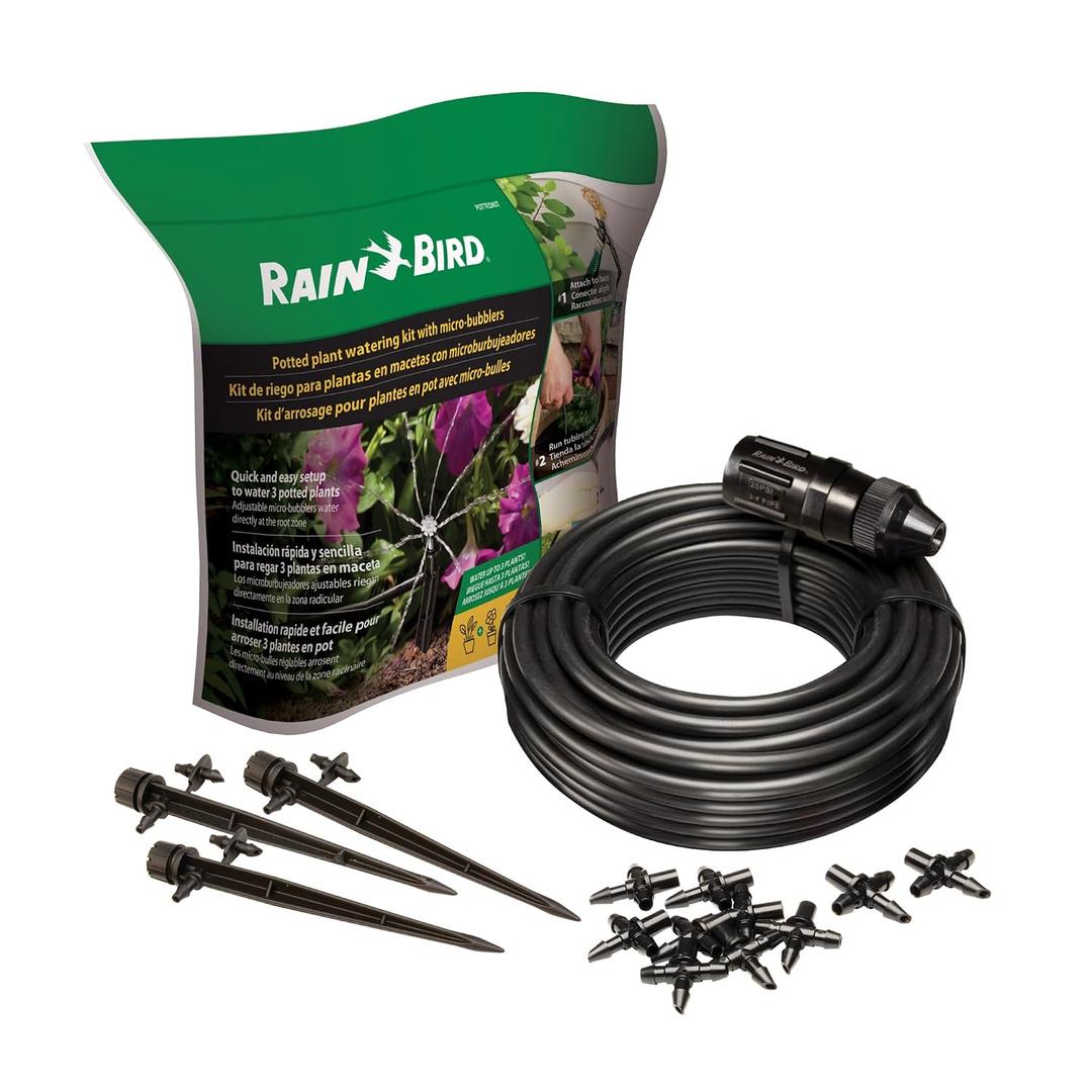 Rain Bird POTTEDKIT Drip Irrigation Container/Potted Plant Watering Kit, Connects to Faucet/Garden Hose, 1/4" Drip Tubing, 360 Micro Bubblers, T-Fittings and Pressure Regulator