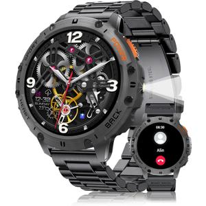 Smart Watches for Men with Flashlight(Answer/Make Calls),1,43" AMOLED Military Rugged Tactical Smartwatch,5ATM Waterproof/Heart Rate Monitor/Fitness Tracker for iOS Android,3-Bead (Large)