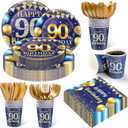 350PCS 90th Birthday Party Decorations for 50 Guests Blue and Gold Party Supplies Include Disposable Paper Plates, Napkins, Cups, and Tableware