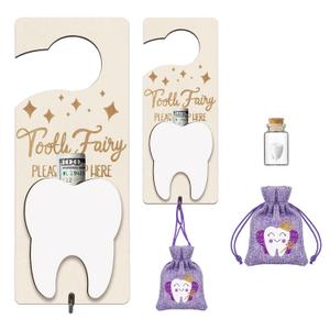 Tooth Fairy Tooth Holder, Tooth Fairy Door Hanger with Money Slot, Keepsake Bottle & Burlap Pouch for Lost Teeth, Encourage Gift for Boys Girls (Purple)