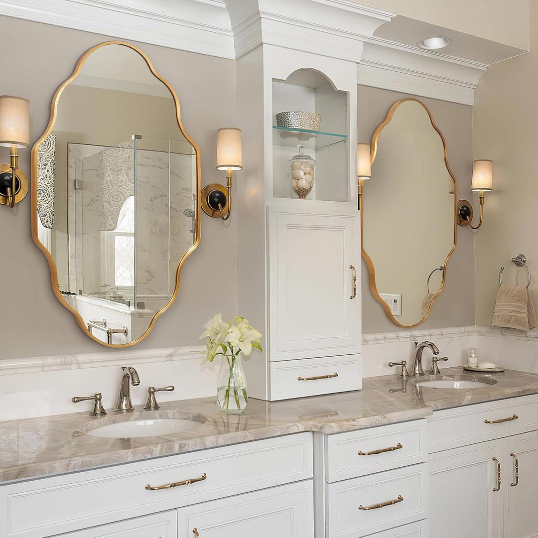 Scalloped Mirror for Bathroom - 20"x36" Gold Bathroom Mirror with Aviation Aluminum Alloy Frame & Shatter-Proof Glass for Living Room Bedroom Entryway, Brushed Gold Frame(x1)