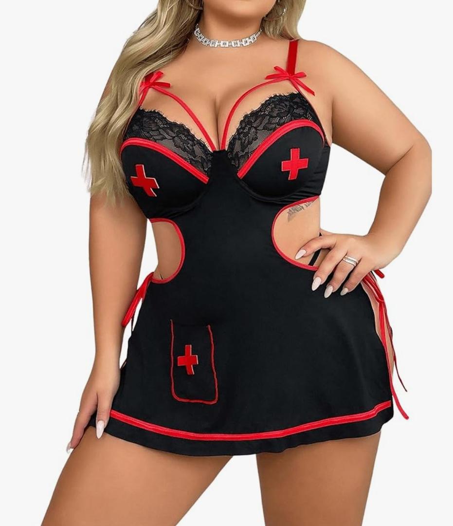 WDIRARA Women's Plus Size 3 Piece Babydoll Lingerie Set Nurse Roleplay Costume Side Tie Lace Cutout Nightdress
