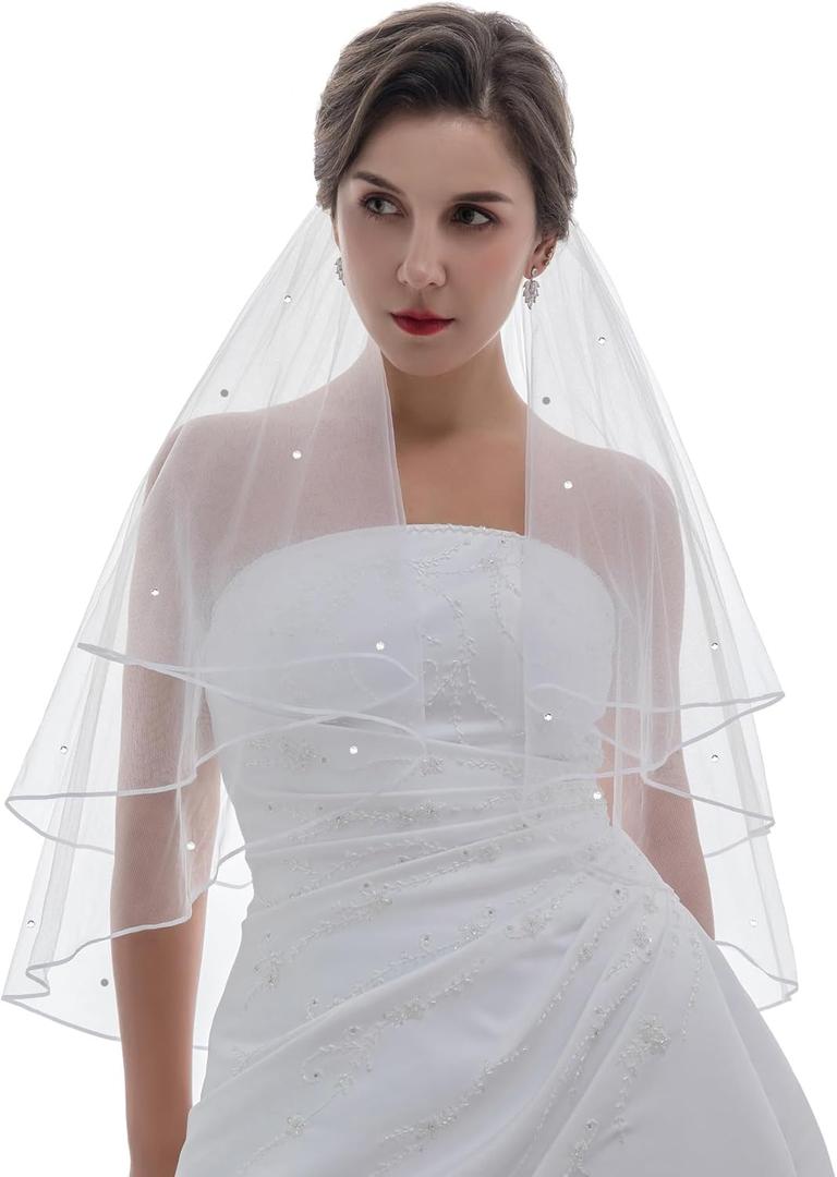 SAMKY 2T 2 Tier 1/8" Ribbon Edge Center Gathered Rhinestone Crystal Bridal Veil (Elbow Length 30", Ivory)