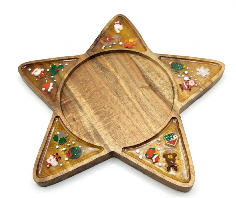 Picnic TIME Christmas Star Serving Tray, Holiday Appetizer Tray, Wooden Charcuterie Board, (Stained Parawood)
