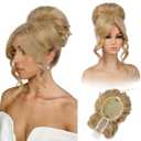 REECHO Messy Bun Hair Piece with Bangs 2-in-1 Drawstring Ponytail Extension Updo Wig & Hair Topper with Long Side Bangs, Natural-Looking Hair Bun Hairpieces for Women - Honey Blonde, Golden Blonde