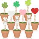 Set of 12 Interchangeable Seasonal Decor Valentine St Patricks Day Easter Table Decor Heart Shamrock Bunny Artificial Potted Plant Wooden Sign on Stand Table Centerpiece for Holiday Gifts