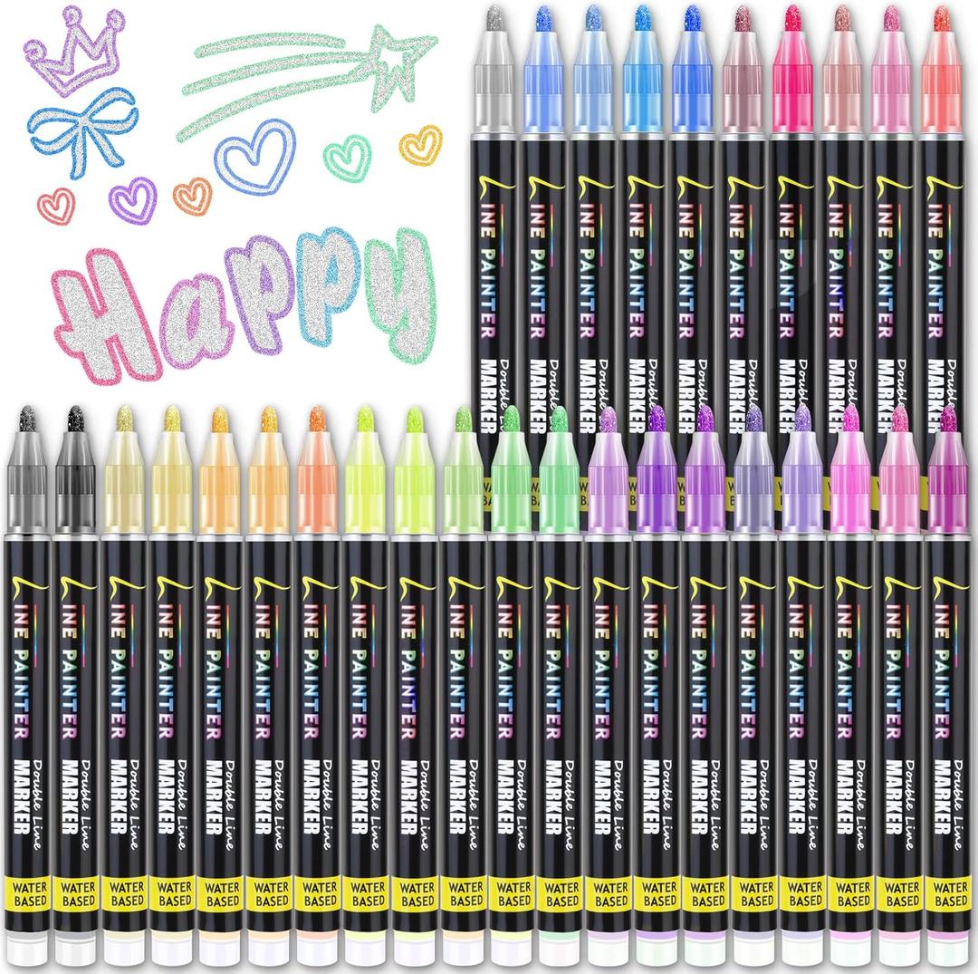30 Colors Outline Marker Pen, 30 Pcs Double Line Metallic Marker Pens Set Paint Markers Pens Gift Card Writing Drawing Pens for Card Writing,Birthday Greet Card,Scrapbooking,Painting,DIY Art Crafts.