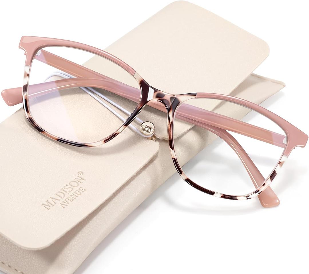 Madison Avenue Square Vintage TR90 Blue Light Blocking Reading Glasses for Women, Anti Eyestrain/Glare Computer Readers (Pink Demi)
