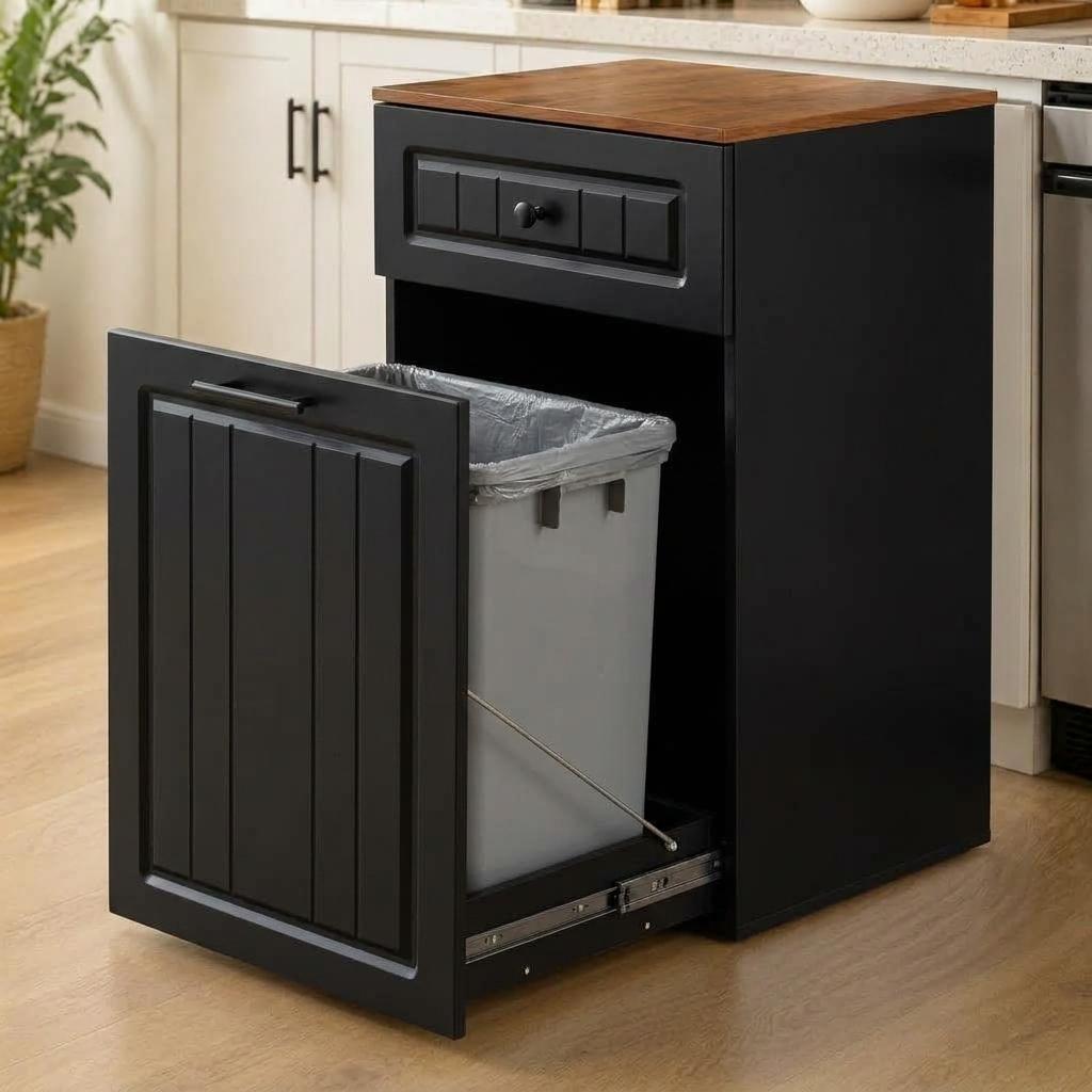 13 Gallon Pull Out Trash Can Cabinet with Drawer, Hidden Kitchen Garbage Cabinet, Freestanding Modern Farmhouse Waste Bin Furniture, White, Black