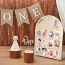 4 Pcs My First Year Photo Board for 2 x 3 Inch Photo 1st Birthday Wood Display Sign 12 Month Milestone Picture Frame High Chair Banner Cone Hat One Cake Topper One Year Birthday Decor Gift for Newborn