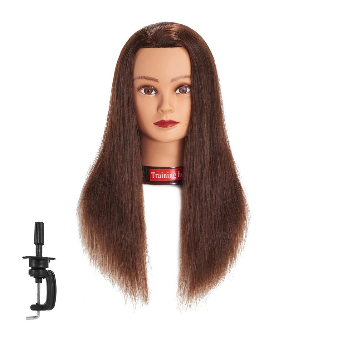 Traininghead 20-22" Female 100% Human Hair Mannequin Head Hair Styling Training Head Cosmetology Manikin Head Doll Head for Hairdresser with Free Clamp (brown)14-16''