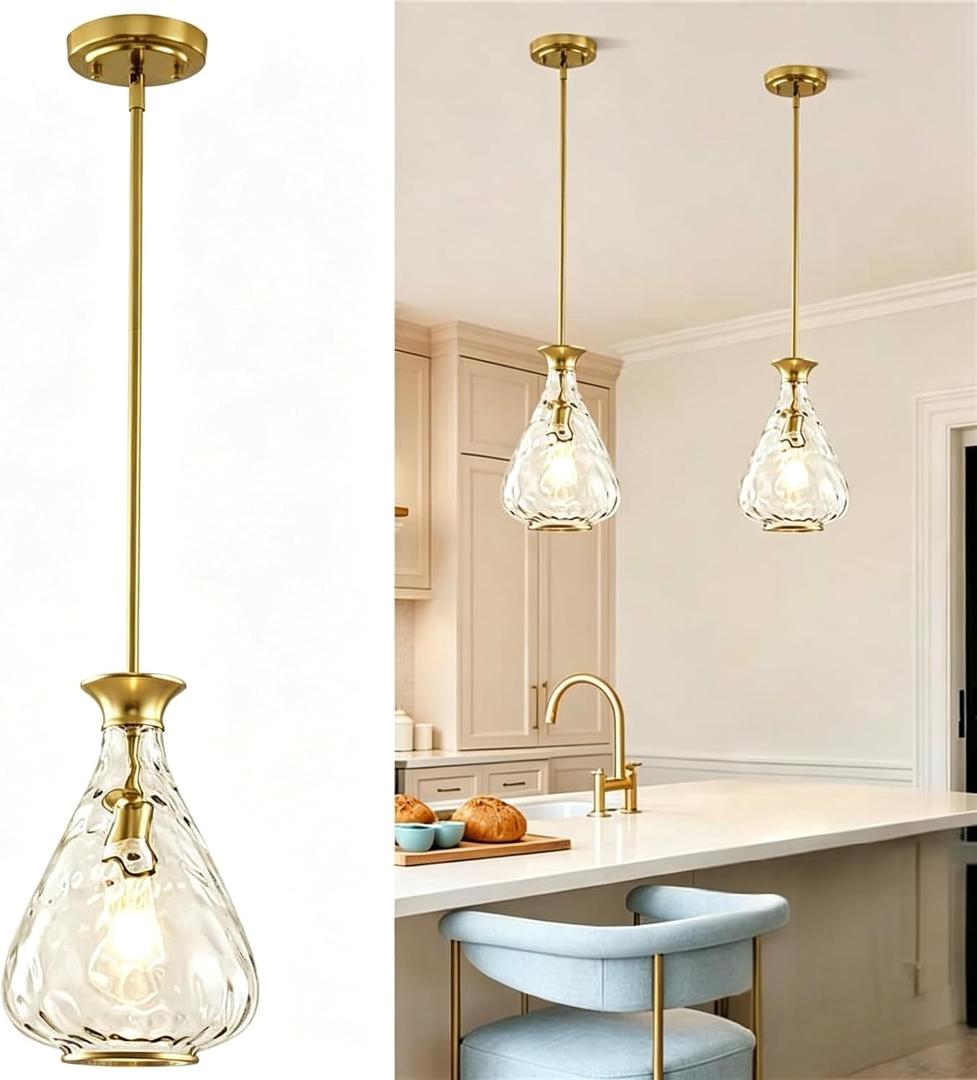 2 Pack Modern Pendant Lights Kitchen Island, Brushed Gold Pendant Light Fixtures with 8.5" Clear Hammered Glass Shade, Industrial Hanging Pendant Lights Fixture for Kitchen Island Dining Room Entryway