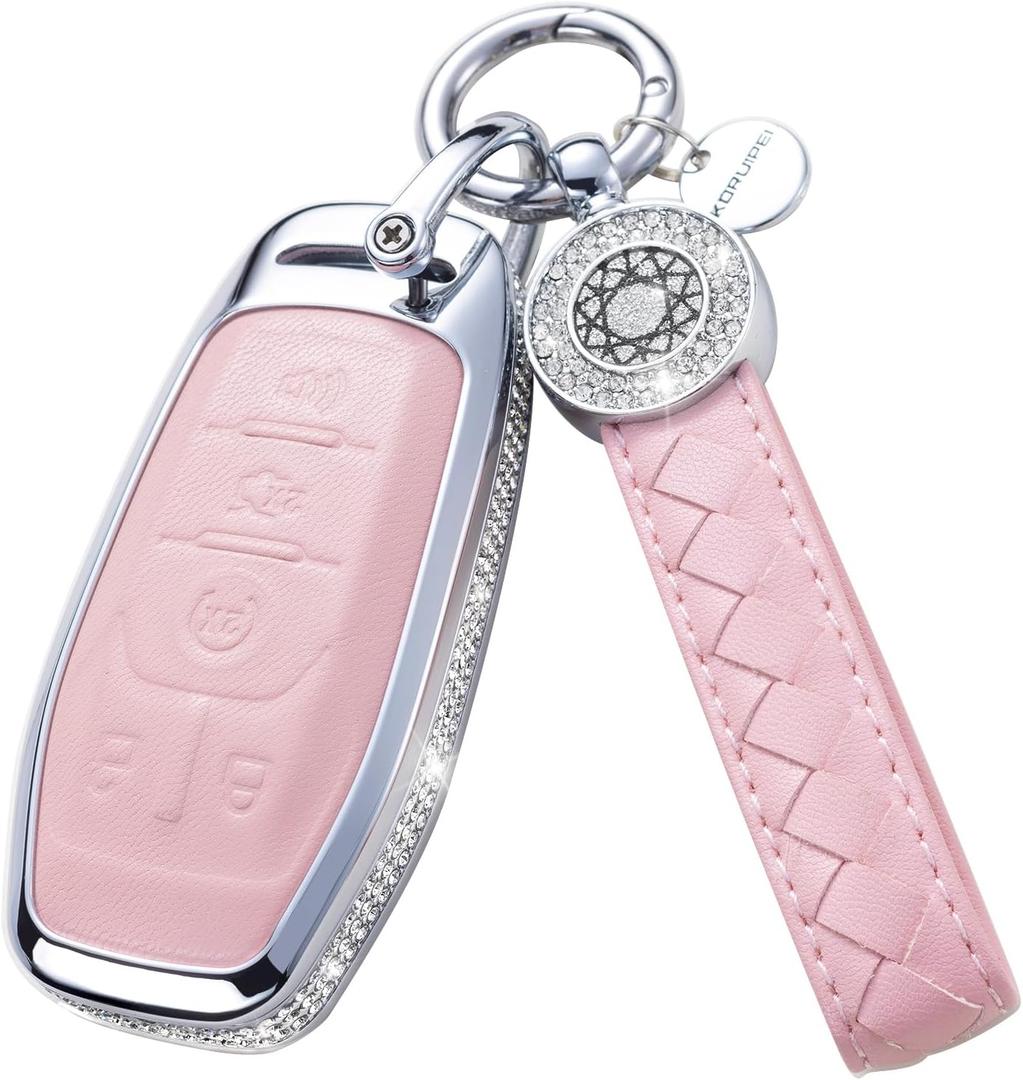 for Ford Key Fob Cover with Keychain, Leather Crystal Key Case Protector Compatible with Ford Fusion Mustang F150 Edge Explorer Lincoln MKZ MKC MKX Smart Remote Key, Pink (model 2-pink)