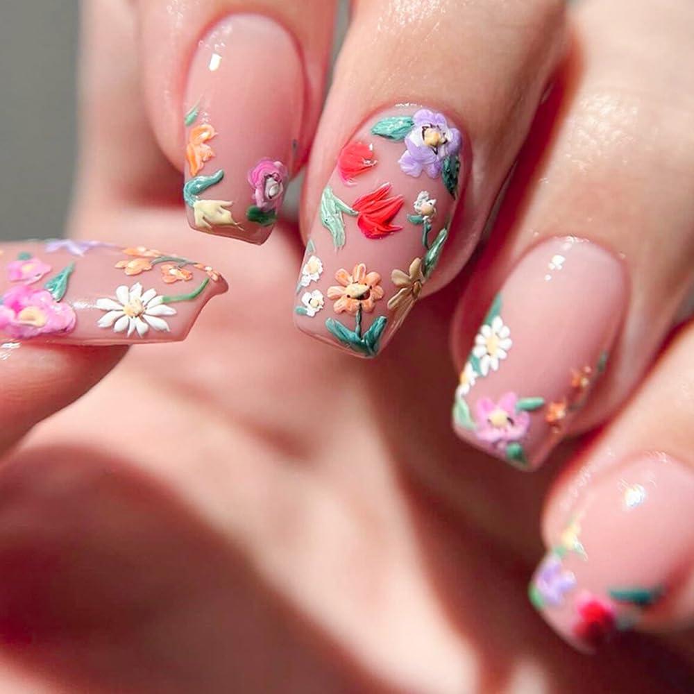 48 Pcs Flower Press on Nails Medium Square False Nails with 3D Colorful Floral Design Full Cover Glossy Acrylic Nails Nude Pink Artificial Stick on Nails Reusable Glue on Nails for Women Manicure
