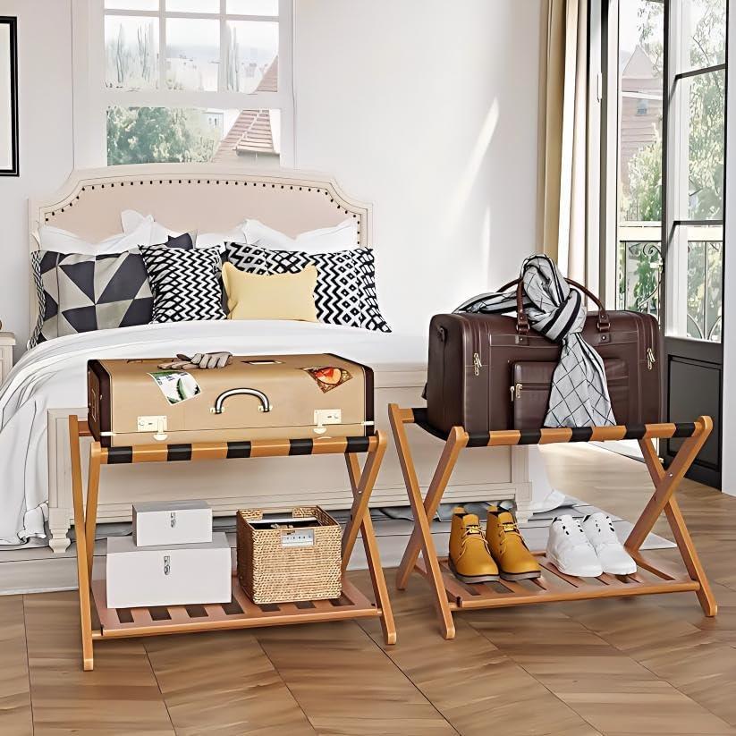Set of 2 Fully Assembled Luggage Rack for Guest Room, 5 Straps Bamboo Suitcase Stand with Shoe Shelf, 26.77" Wide Foldable Luggage Holder for Bedroom, Hotel (Honey Oak)