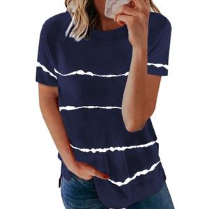 Biucly SHEWIN Womens Summer Tops 2024 Casual Short Sleeve Shirts Loose Crewneck Striped Graphic Tees Oversized T Shirts for Women(Blue, Small)