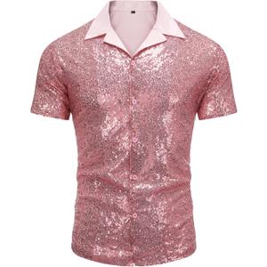 AstoSeu Men's Sequin Dress Shirt 70s Disco Costume Sparkle Party Short Sleeve Button Down Shirts (Large, Pink)