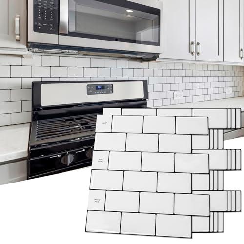 Art3d Only 8 -Sheet Backsplash Tile for Kitchen Peel and Stick, 12"x12" Stick on Subway Tiles for Kitchen, Bathroom Back Splashes, White-Black Grout