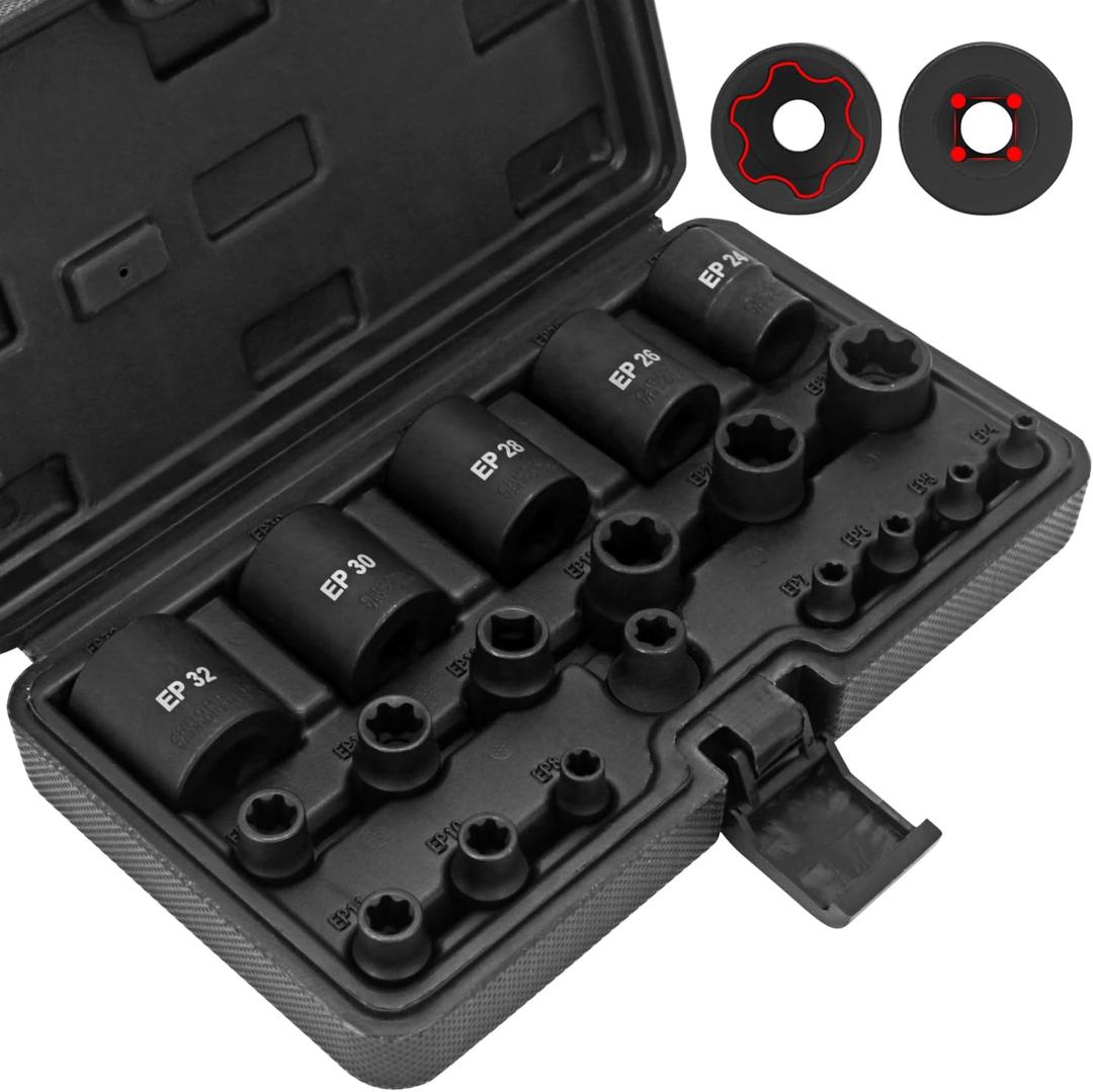 19pcs External Torx Plus Socket Set,6 Point Ep Socket EP4 EP5 EP6 EP7 EP8 EP8.8 EP10 EP11 EP12 EP14 EP16 EP18 EP20 EP22 EP24 EP26 EP28 EP30 EP32 with 1/2'' 3/8'' 1/4'' Dr E-Torx Plus Socket (19 Piece)