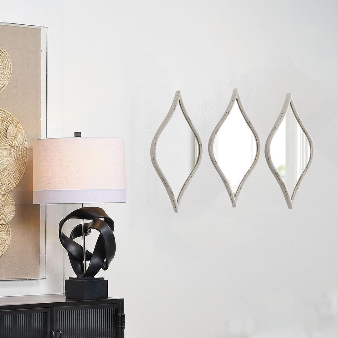 Rustic Small Tear Drop Mirror Wall Decor 6 X 15 Inch, Set of 3 Distressed White Metal Entryway Mirror, Gold Wall Mirrors Decorative for Bathroom Bedroom Living Room